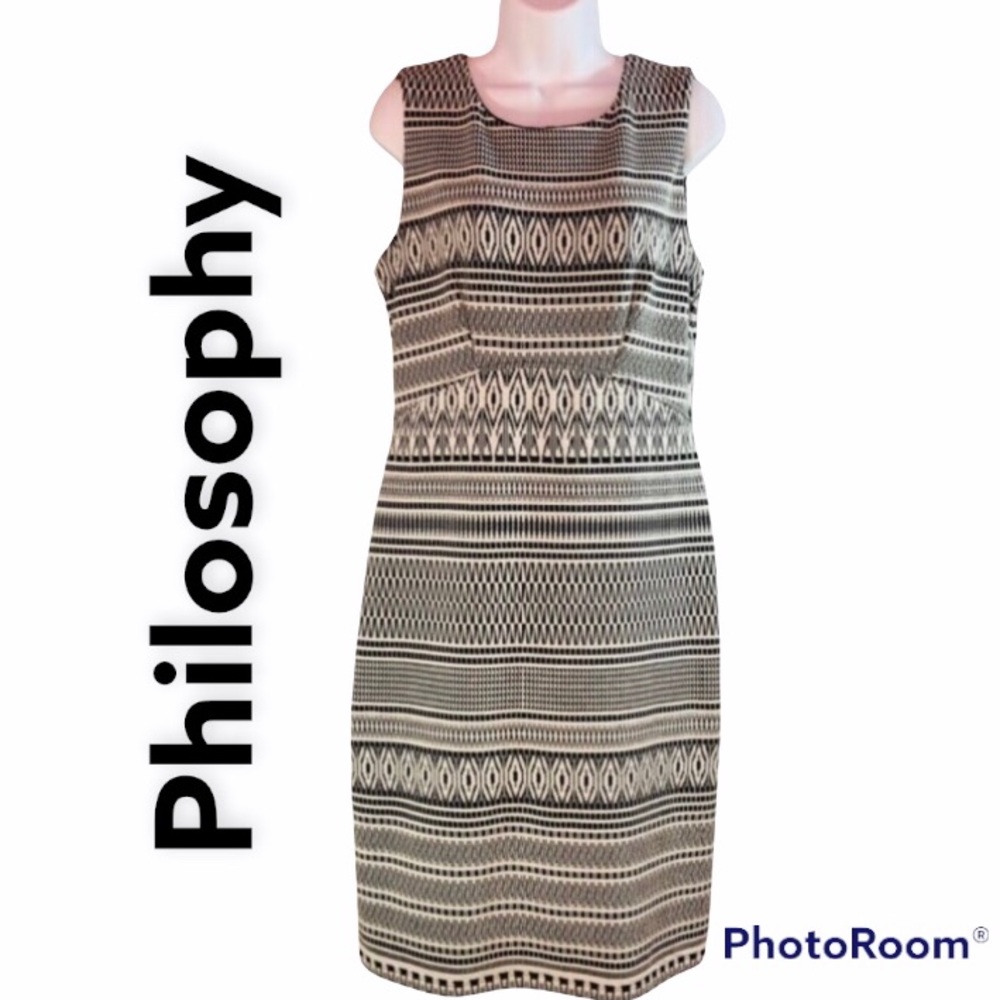 Philosophy women black white geo print Sheath dress midi sleeveless Sz M